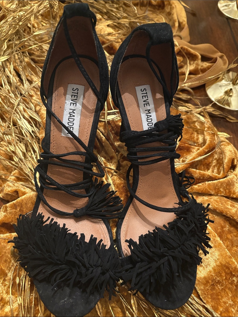 Steve Madden Black Fringe Lace-Up Heels